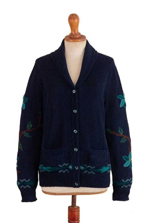 Alternate image for Peacock and Floral-Themed Intarsia Knit 100 Alpaca Cardigan Majestic Peacock
