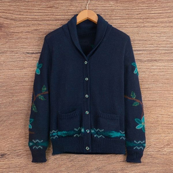 Alternate image for Peacock and Floral-Themed Intarsia Knit 100 Alpaca Cardigan Majestic Peacock
