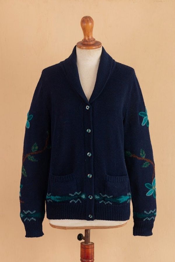 Alternate image for Peacock and Floral-Themed Intarsia Knit 100 Alpaca Cardigan Majestic Peacock