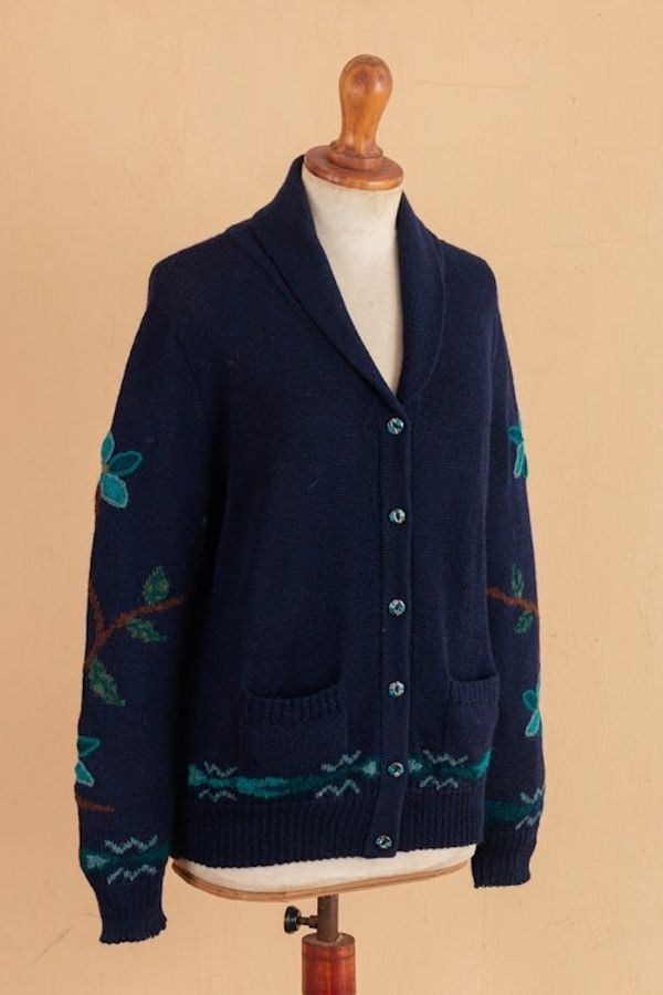 Alternate image for Peacock and Floral-Themed Intarsia Knit 100 Alpaca Cardigan Majestic Peacock