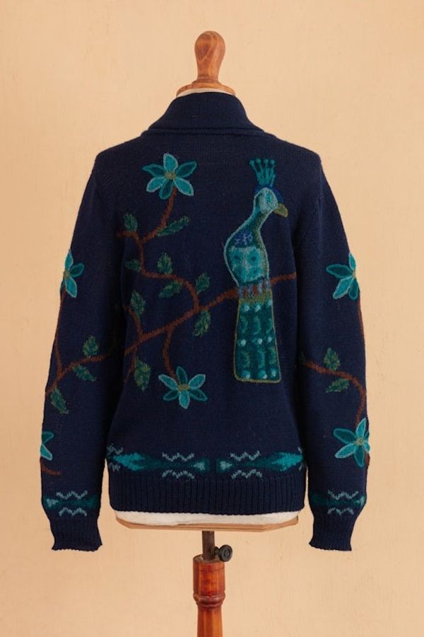 Alternate image for Peacock and Floral-Themed Intarsia Knit 100 Alpaca Cardigan Majestic Peacock