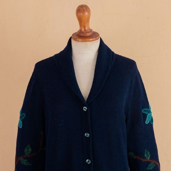 Alternate image for Peacock and Floral-Themed Intarsia Knit 100 Alpaca Cardigan Majestic Peacock