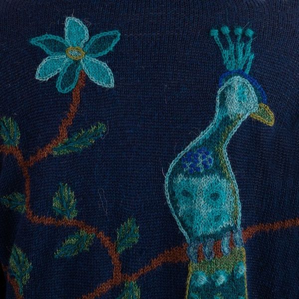 Alternate image for Peacock and Floral-Themed Intarsia Knit 100 Alpaca Cardigan Majestic Peacock