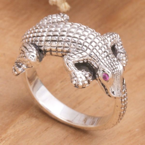 Alternate image for Mens Amethyst and Sterling Silver Crocodile Ring from Bali Angry Crocodile