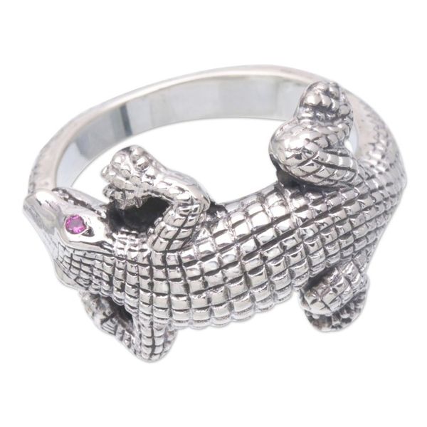 Alternate image for Mens Amethyst and Sterling Silver Crocodile Ring from Bali Angry Crocodile
