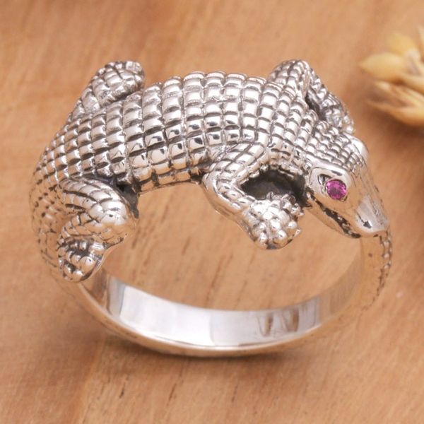 Alternate image for Mens Amethyst and Sterling Silver Crocodile Ring from Bali Angry Crocodile