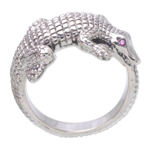 Alternate image for Mens Amethyst and Sterling Silver Crocodile Ring from Bali Angry Crocodile