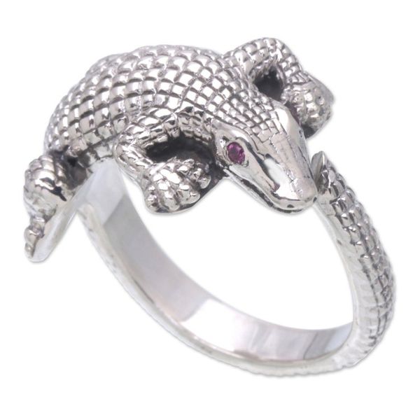 Alternate image for Mens Amethyst and Sterling Silver Crocodile Ring from Bali Angry Crocodile