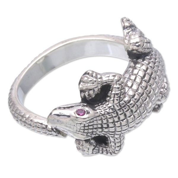 Alternate image for Mens Amethyst and Sterling Silver Crocodile Ring from Bali Angry Crocodile