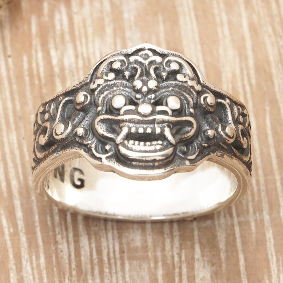 Men's Barong-Themed Sterling Silver Cocktail Ring from Bali 'Barong Soul'