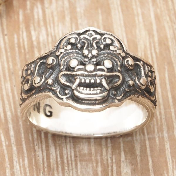 Alternate image for Mens Barong-Themed Sterling Silver Cocktail Ring from Bali Barong Soul