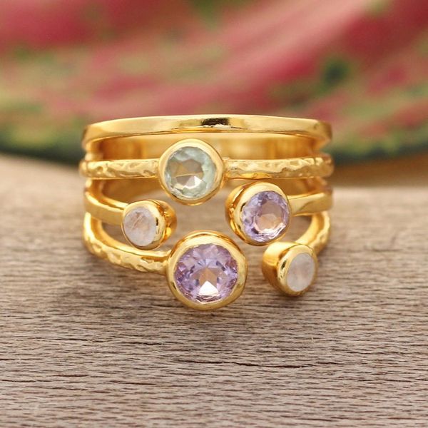Alternate image for Colorful 18k Gold-Plated Multi-Stone Ring Crafted in India Colorful Fantasy