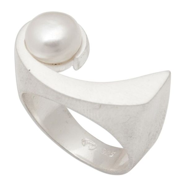Alternate image for Ocean-Inspired Matte Sterling Silver Ring with White Pearl Waves of Uluwatu