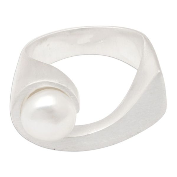 Alternate image for Ocean-Inspired Matte Sterling Silver Ring with White Pearl Waves of Uluwatu