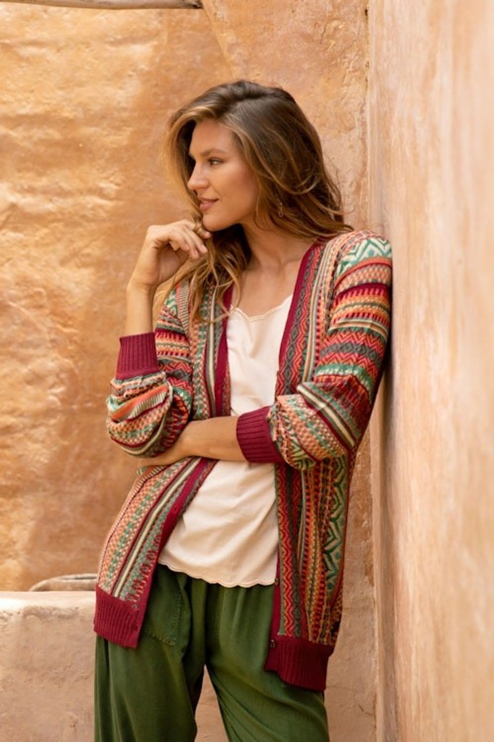 Baby Alpaca Blend Cardigan with Geometric Patterns from Peru 'Zig-Zag Threads in Red'