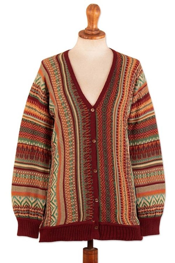 Alternate image for Baby Alpaca Blend Cardigan with Geometric Patterns from Peru Zig-Zag Threads in Red