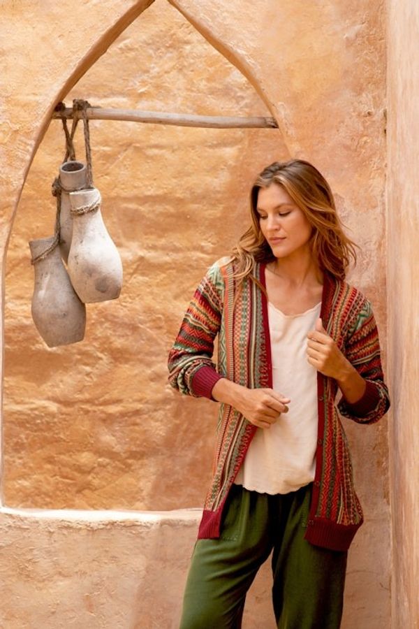 Alternate image for Baby Alpaca Blend Cardigan with Geometric Patterns from Peru Zig-Zag Threads in Red