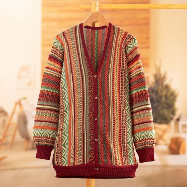Alternate image for Baby Alpaca Blend Cardigan with Geometric Patterns from Peru Zig-Zag Threads in Red