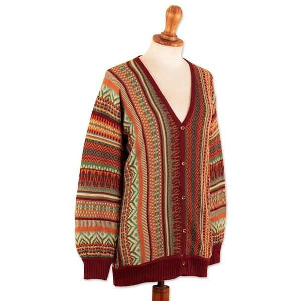 Alternate image for Baby Alpaca Blend Cardigan with Geometric Patterns from Peru Zig-Zag Threads in Red