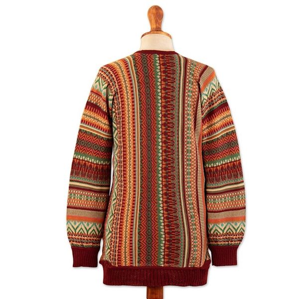 Alternate image for Baby Alpaca Blend Cardigan with Geometric Patterns from Peru Zig-Zag Threads in Red
