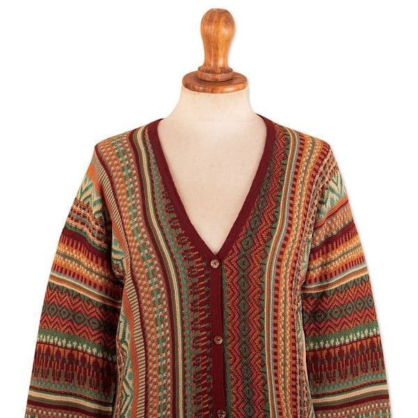 Alternate image for Baby Alpaca Blend Cardigan with Geometric Patterns from Peru Zig-Zag Threads in Red