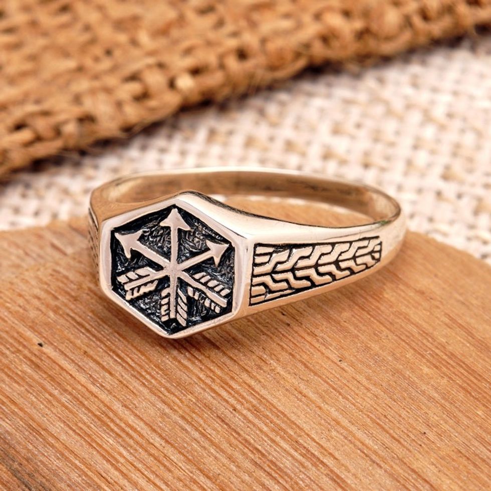 Men's Sterling Silver Signet Ring with Arrow Motif from Bali 'Arrows of Romance'