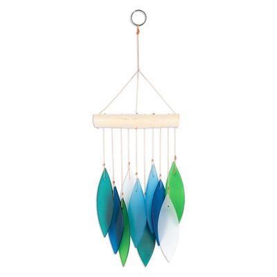 Alternate image for Glass and Wood Wind Chime in Blue Teal Green and White Rhythm of Life