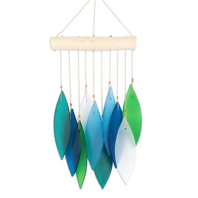 Alternate image for Glass and Wood Wind Chime in Blue Teal Green and White Rhythm of Life