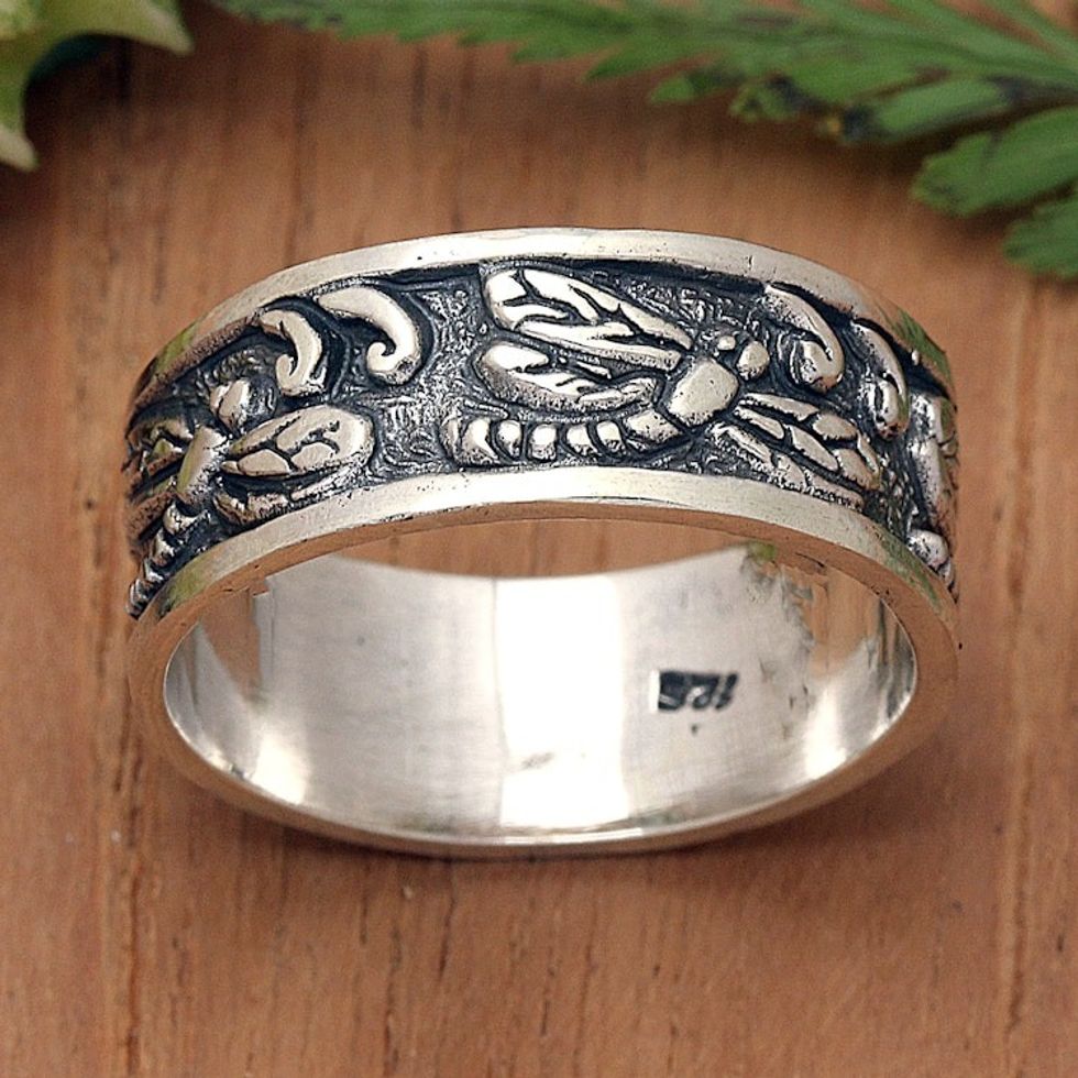 Dragonfly-Themed Polished Sterling Silver Band Ring 'Dragonfly Legend'