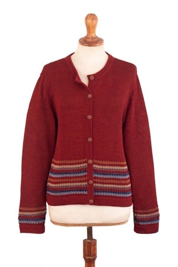Alternate image for Scarlet Red 100 Cotton Cardigan with Crocheted Stripes Scarlet Route