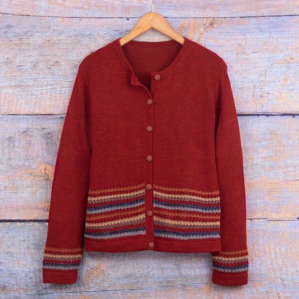 Alternate image for Scarlet Red 100 Cotton Cardigan with Crocheted Stripes Scarlet Route