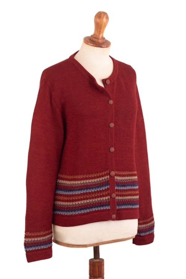 Alternate image for Scarlet Red 100 Cotton Cardigan with Crocheted Stripes Scarlet Route