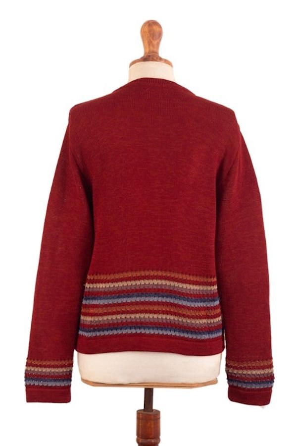 Alternate image for Scarlet Red 100 Cotton Cardigan with Crocheted Stripes Scarlet Route