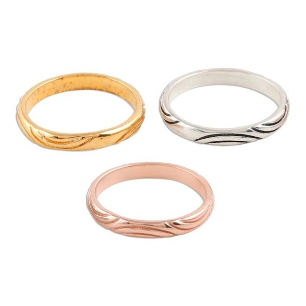 Alternate image for Gold and Silver Engraved Stacking Band Rings Set of 3 Triple Union