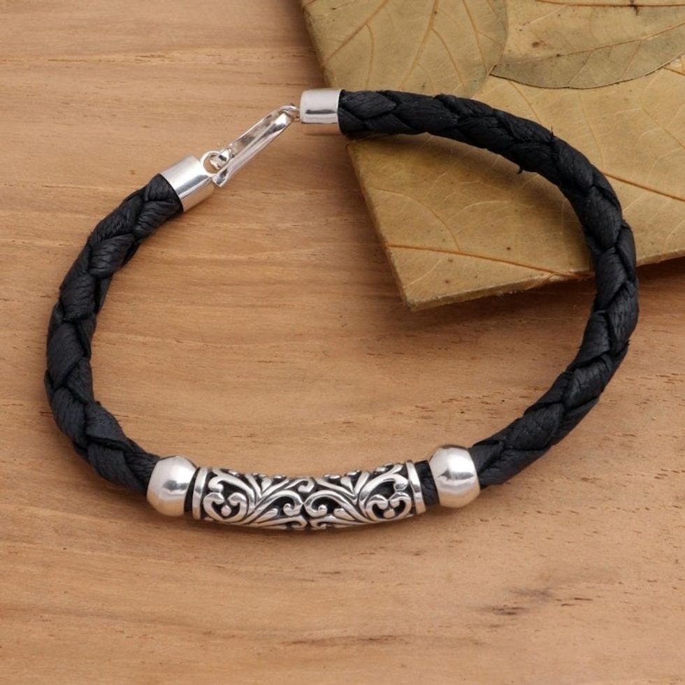 Balinese Style Sterling Silver and Leather Bracelet 'Sanur Flourish'
