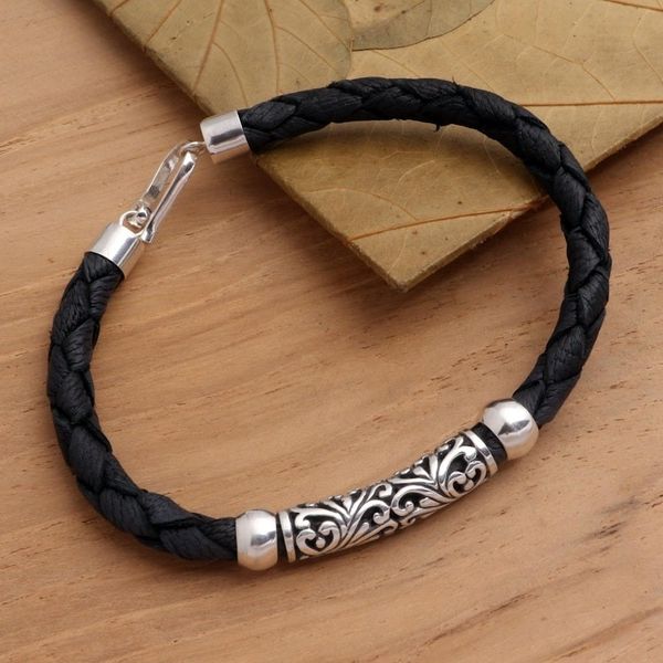 Alternate image for Balinese Style Sterling Silver and Leather Bracelet Sanur Flourish