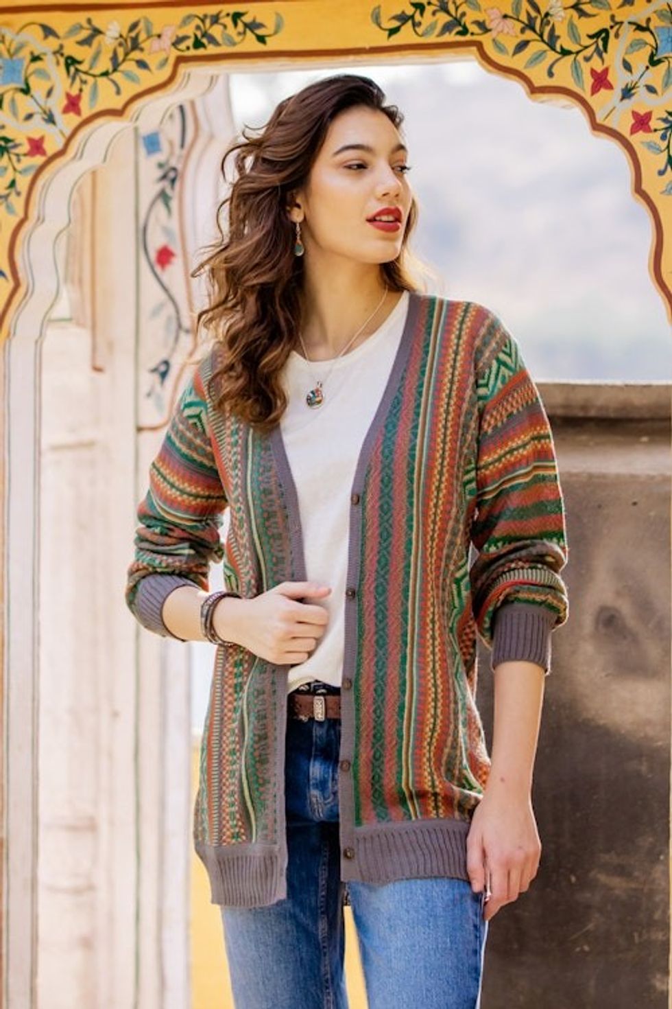 Baby Alpaca Blend Cardigan with Coconut Shell Buttons 'Zig-Zag Threads'