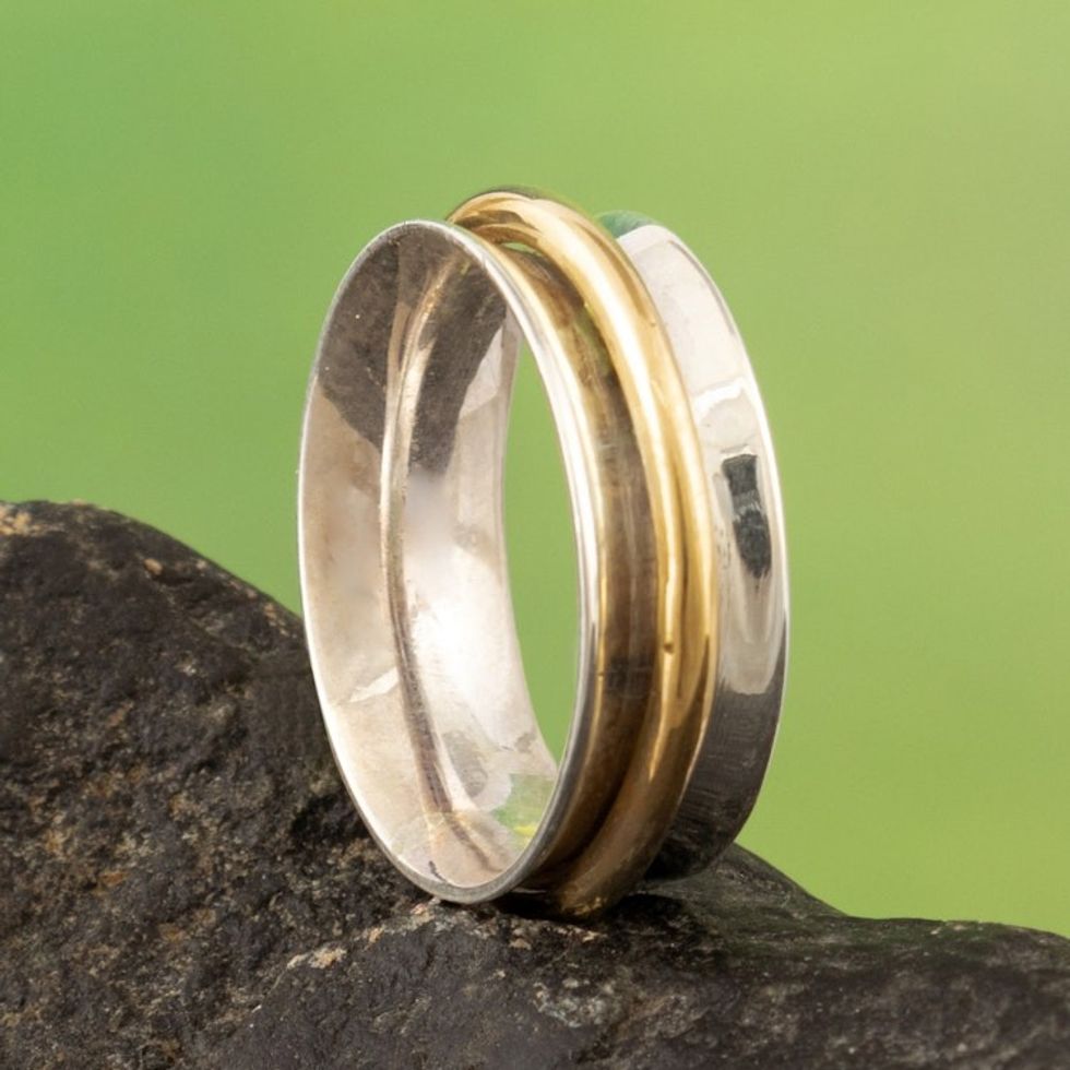 Sterling Silver Meditation Ring with 18k Gold-Plated Hoop 'Heavenly Aura'