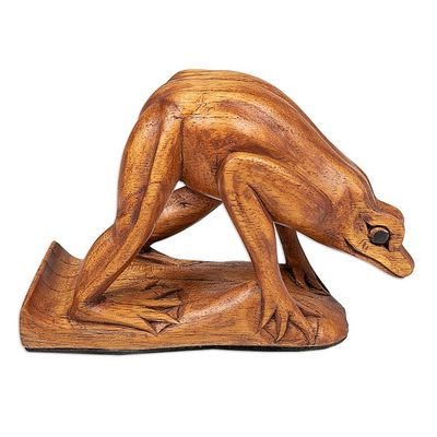 Alternate image for Jempinis Wood Frog Phone Stand Hand-Carved in Bali Looking for Some Food