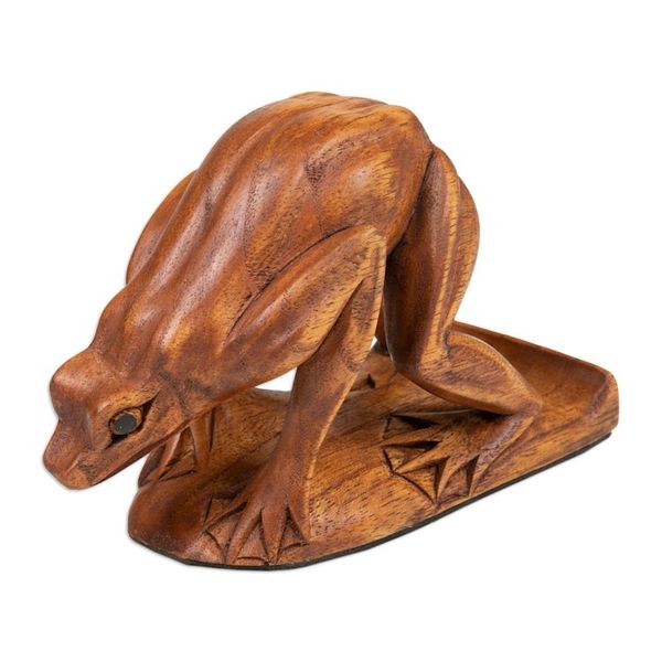 Alternate image for Jempinis Wood Frog Phone Stand Hand-Carved in Bali Looking for Some Food