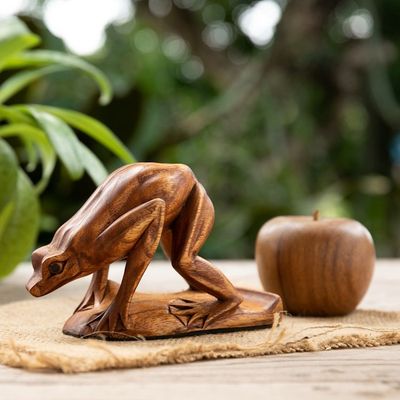 Alternate image for Jempinis Wood Frog Phone Stand Hand-Carved in Bali Looking for Some Food