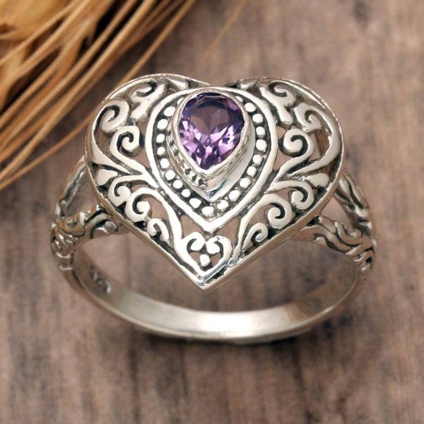 Alternate image for Heart-Shaped Faceted Amethyst Cocktail Ring from Bali Wise Romance