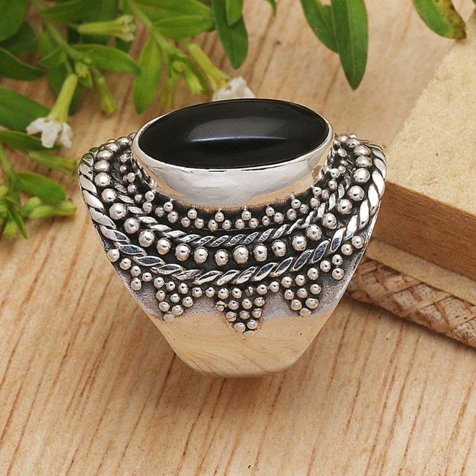 Traditional Balinese Onyx Cabochon Cocktail Ring 'Kintamani Jewel'