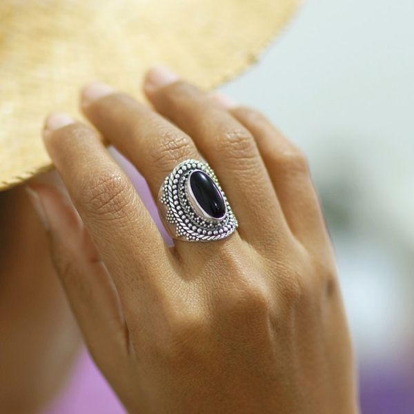 Alternate image for Traditional Balinese Onyx Cabochon Cocktail Ring Kintamani Jewel
