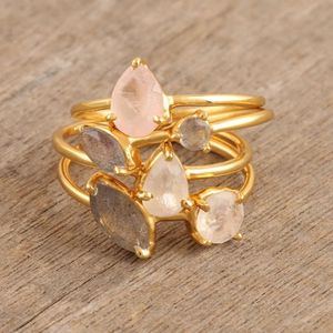 Image for Indian Gold-Plated Gemstone Stacking Rings Set of 4 'Sparkling Stars'