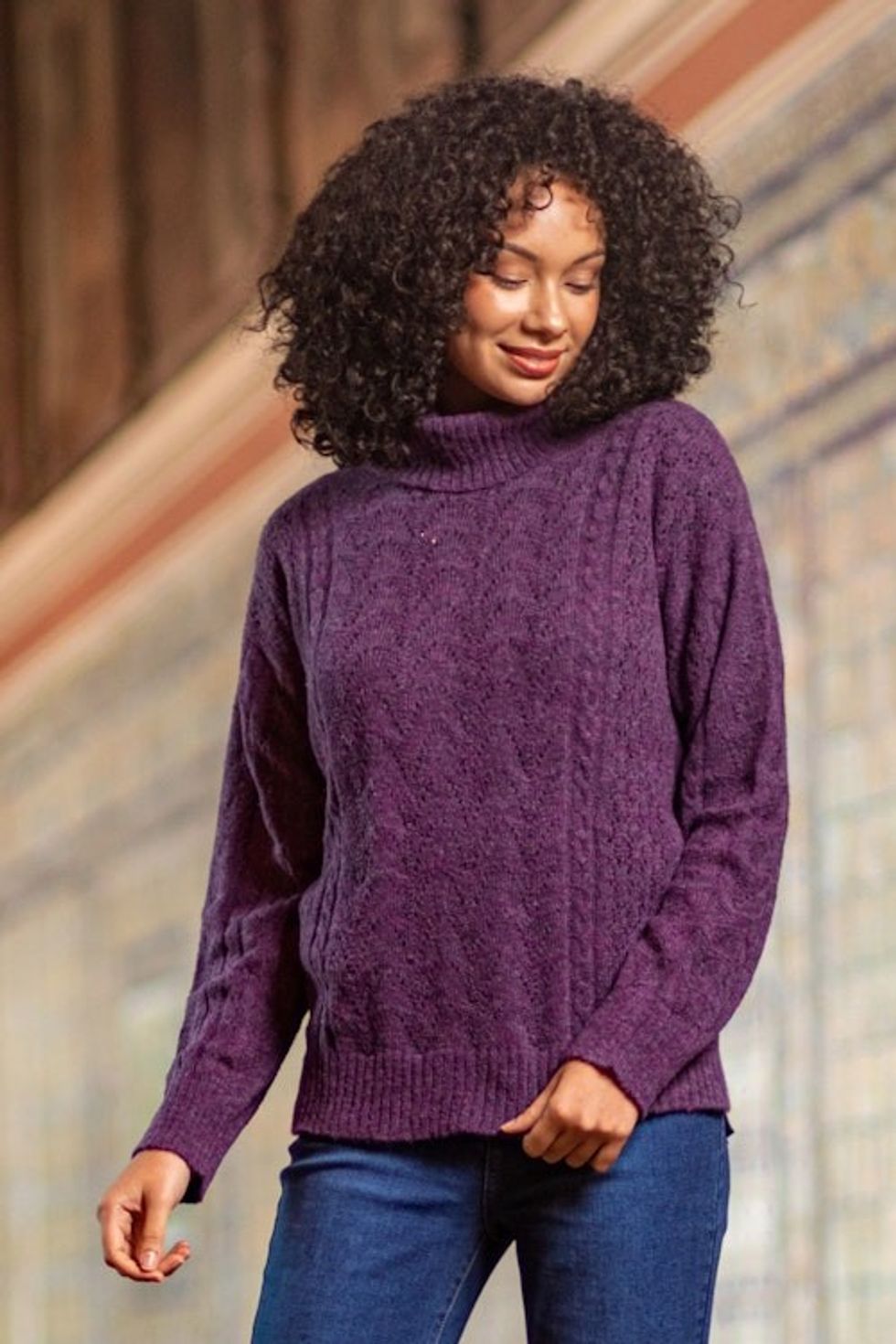 Cable Knit Turtle Neck Baby Alpaca Blend Pullover in Purple 'Comfy'