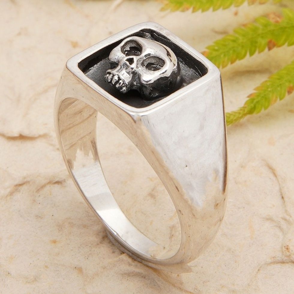 Men's Sterling Silver Signet Ring with Skull Motif from Bali 'Father Skull'