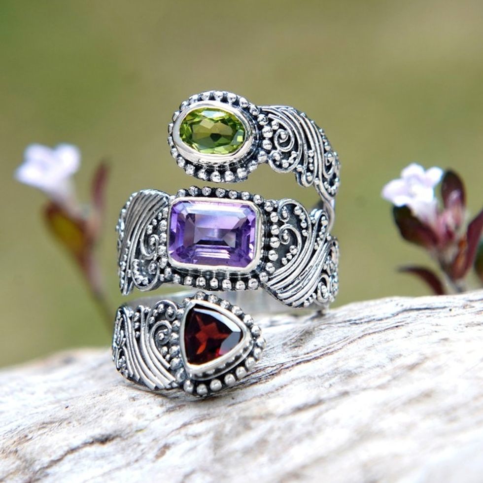 Multi-Gemstone and Sterling Silver Wrap Ring from Bali 'Sparkling Trinity'