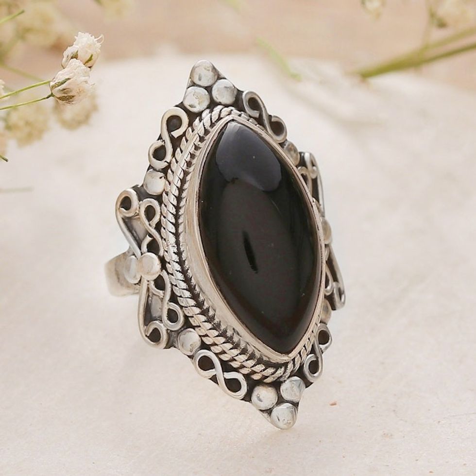 Classic Onyx Cabochon and Sterling Silver Cocktail Ring 'Midnight Nobility'