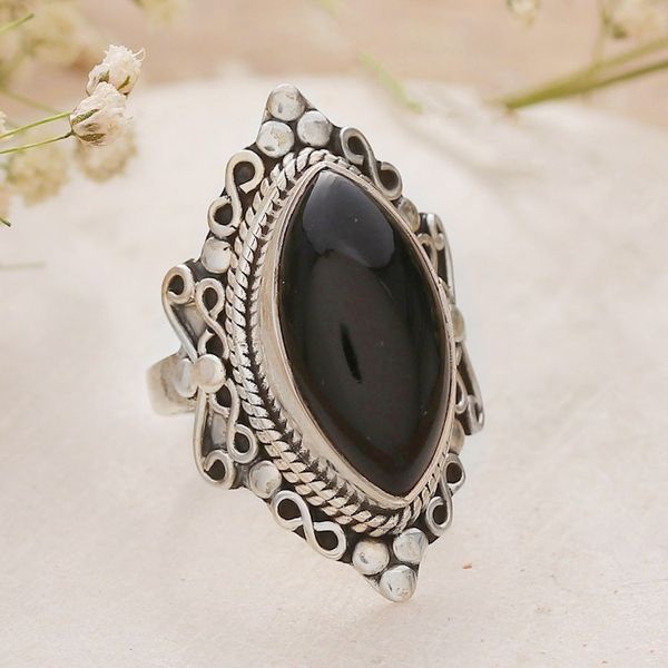 Alternate image for Classic Onyx Cabochon and Sterling Silver Cocktail Ring Midnight Nobility